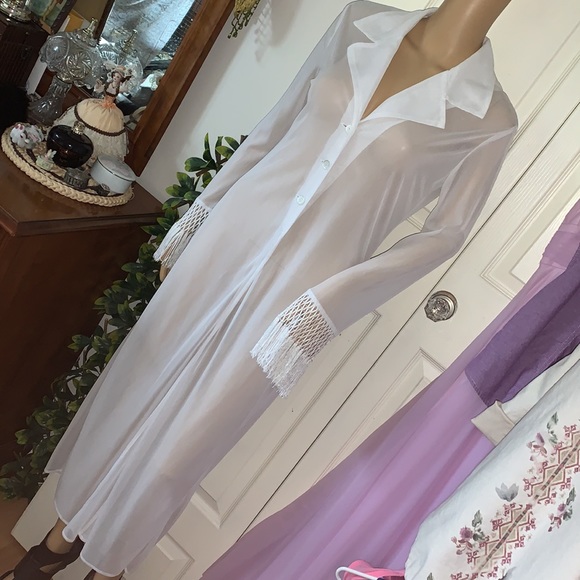 Y2K White sheer flapper fringe sexy maxi duster cardigan club coat jacket S - Picture 4 of 14